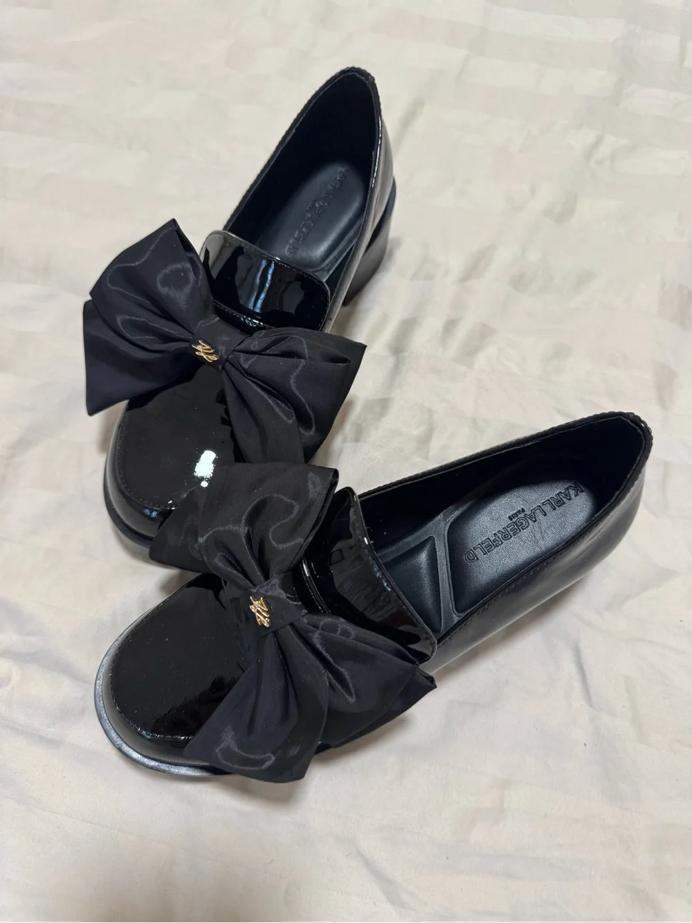 Karl Lagerfeld Black Patent Loafers with Fabric Bow and Gold Accent